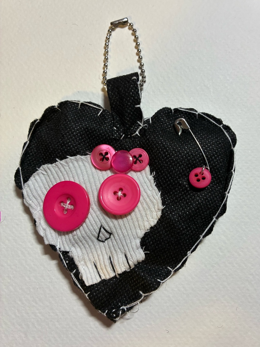 Handmade Black Heart Button Skull Keychain - Pink Accent